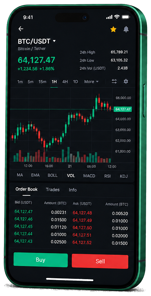 Mobilní aplikace Neuralink AI pro obchodování – živé grafy BTC/USDT, kniha objednávek a nástroje pro nákup a prodej